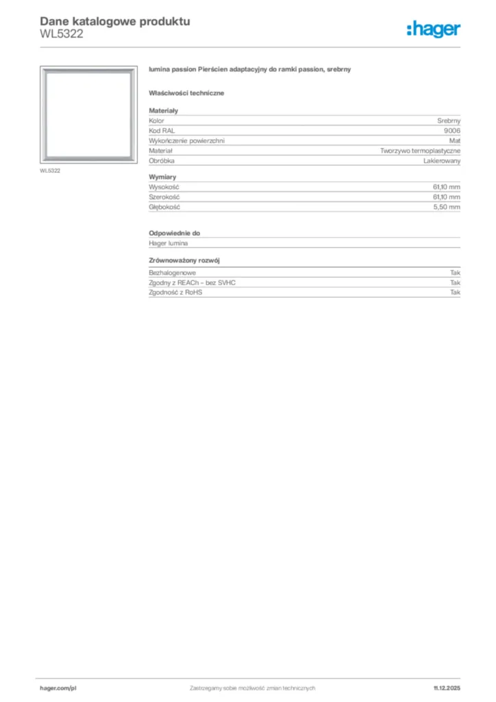 Zdjęcie Hager Dane katalogowe produktu WL5322 | Hager Polska
