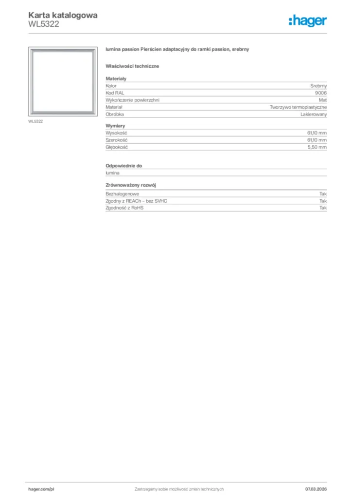 Zdjęcie Hager Karta katalogowa WL5322 | Hager Polska