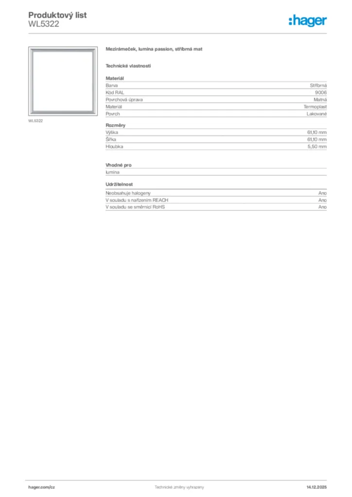Obrázek Hager Produktový list WL5322 | Hager