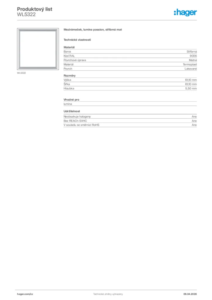 Obrázek Hager Product data sheet WL5322 | Hager