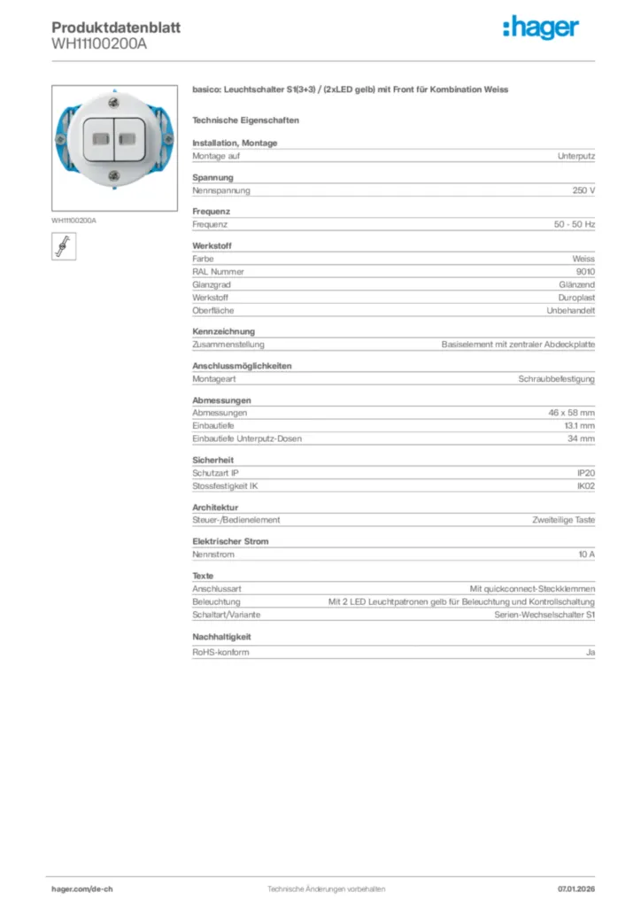 Bild Hager Produktdatenblatt WH11100200A | Hager Schweiz