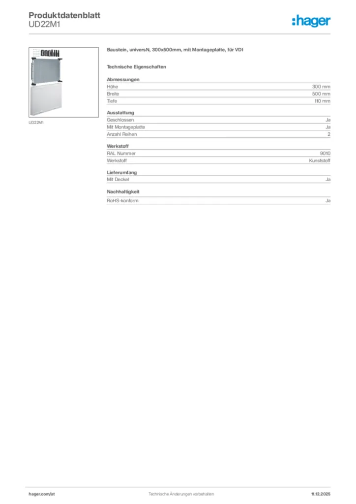 Bild Hager Produktdatenblatt UD22M1 | Hager Deutschland
