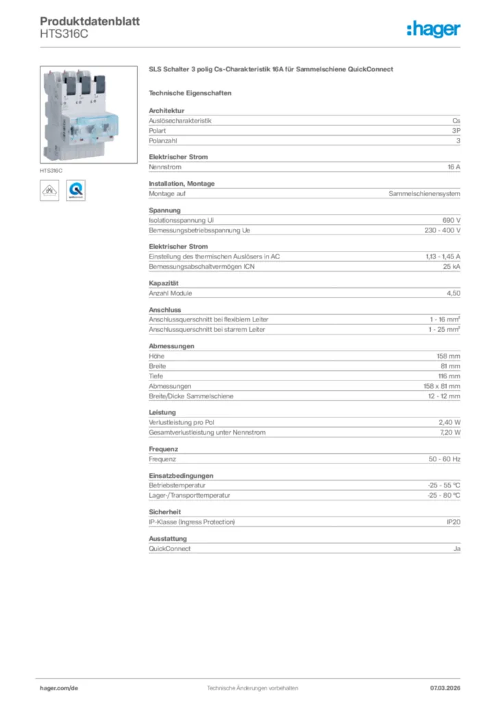Bild Hager Produktdatenblatt HTS316C | Hager Deutschland