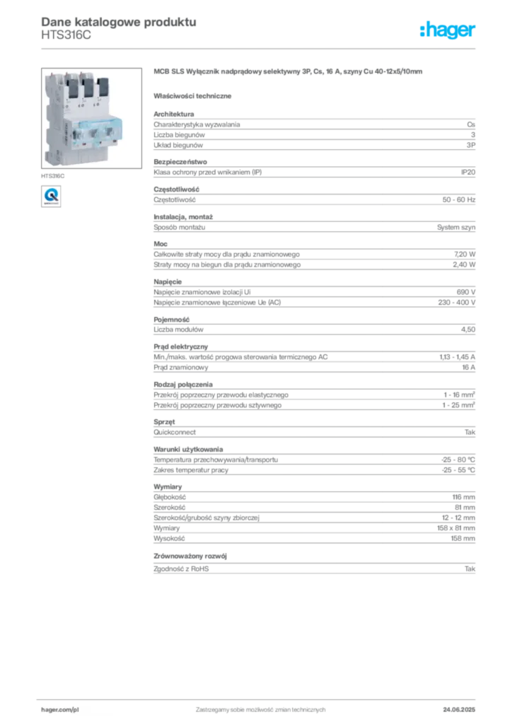 Zdjęcie Hager Dane katalogowe produktu HTS316C | Hager Polska
