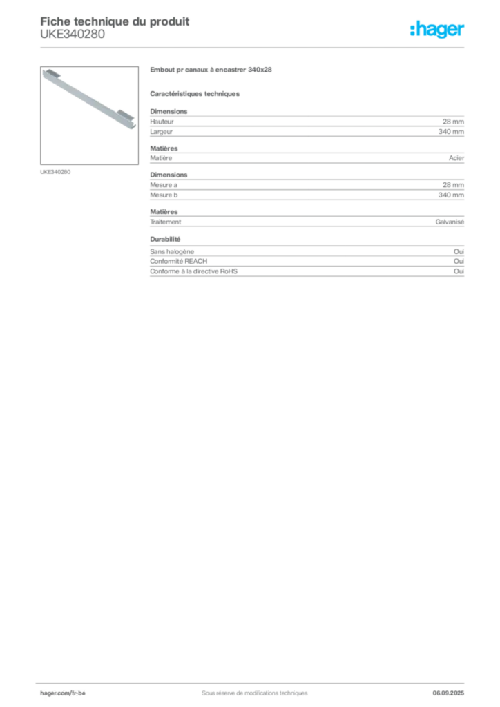Image Hager Fiche technique du produit UKE340280 | Hager Belgique
