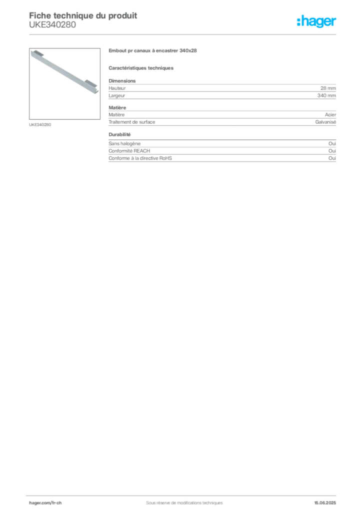 Image Hager Fiche technique du produit UKE340280 | Hager Suisse