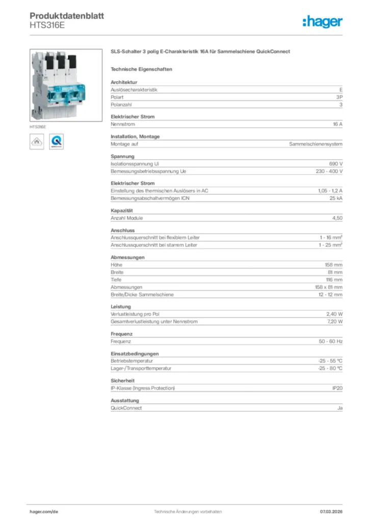 Bild Hager Produktdatenblatt HTS316E | Hager Deutschland
