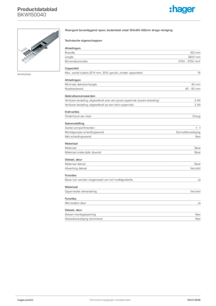 Afbeelding Hager Productdatablad BKW150040 | Hager Nederland