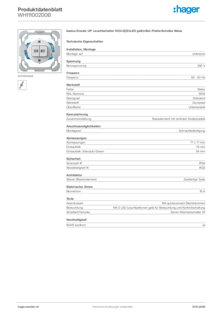 Bild Hager Produktdatenblatt WH11100200B | Hager Schweiz