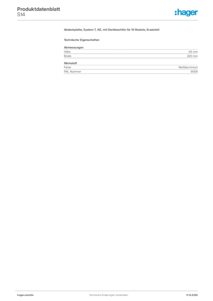 Bild Hager Produktdatenblatt S14 | Hager Deutschland
