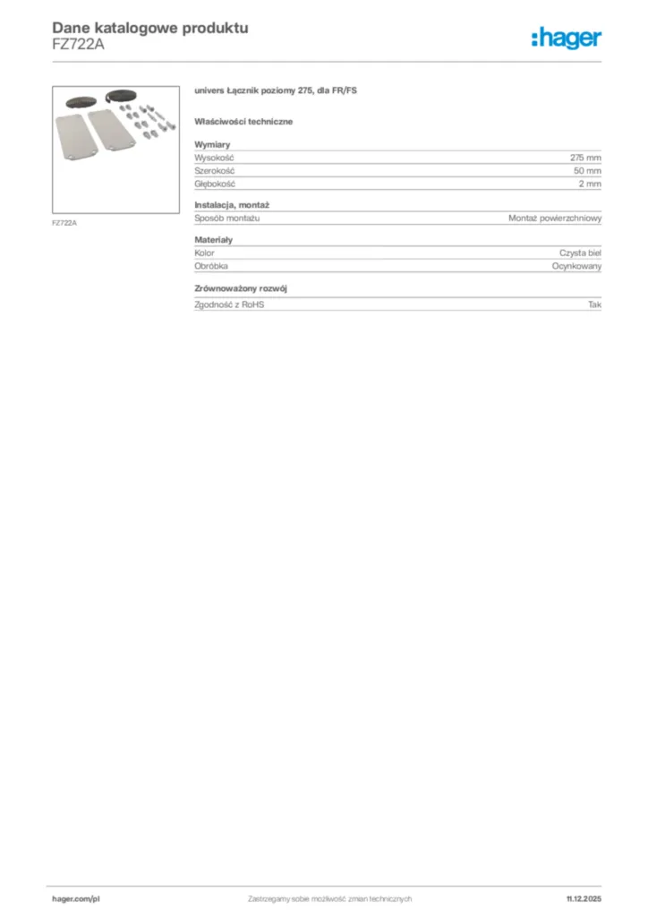 Zdjęcie Hager Dane katalogowe produktu FZ722A | Hager Polska