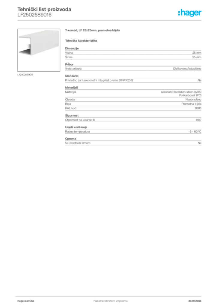 Slika Hager Product data sheet LF2502589016  | Hager