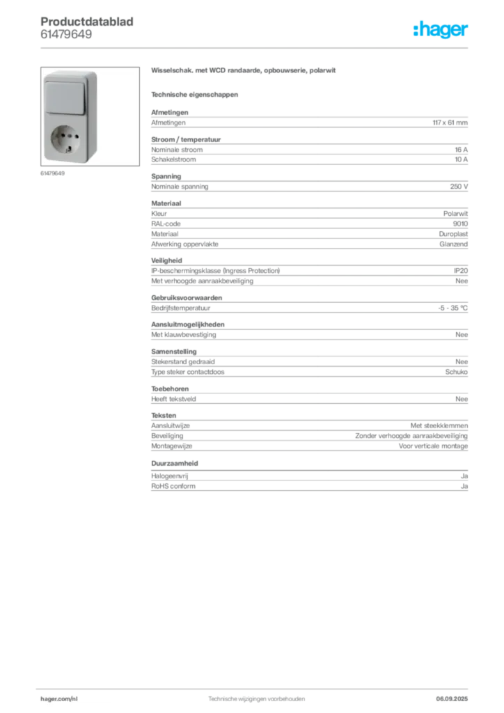Afbeelding Hager Productdatablad 61479649 | Hager Nederland