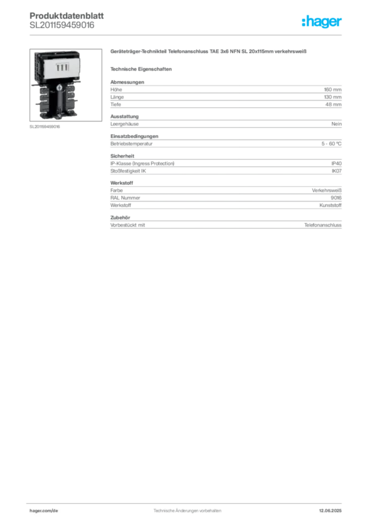 Bild Hager Produktdatenblatt SL201159459016 | Hager Deutschland