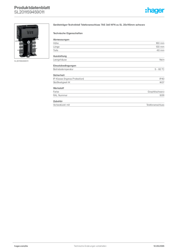 Bild Hager Produktdatenblatt SL201159459011 | Hager Deutschland