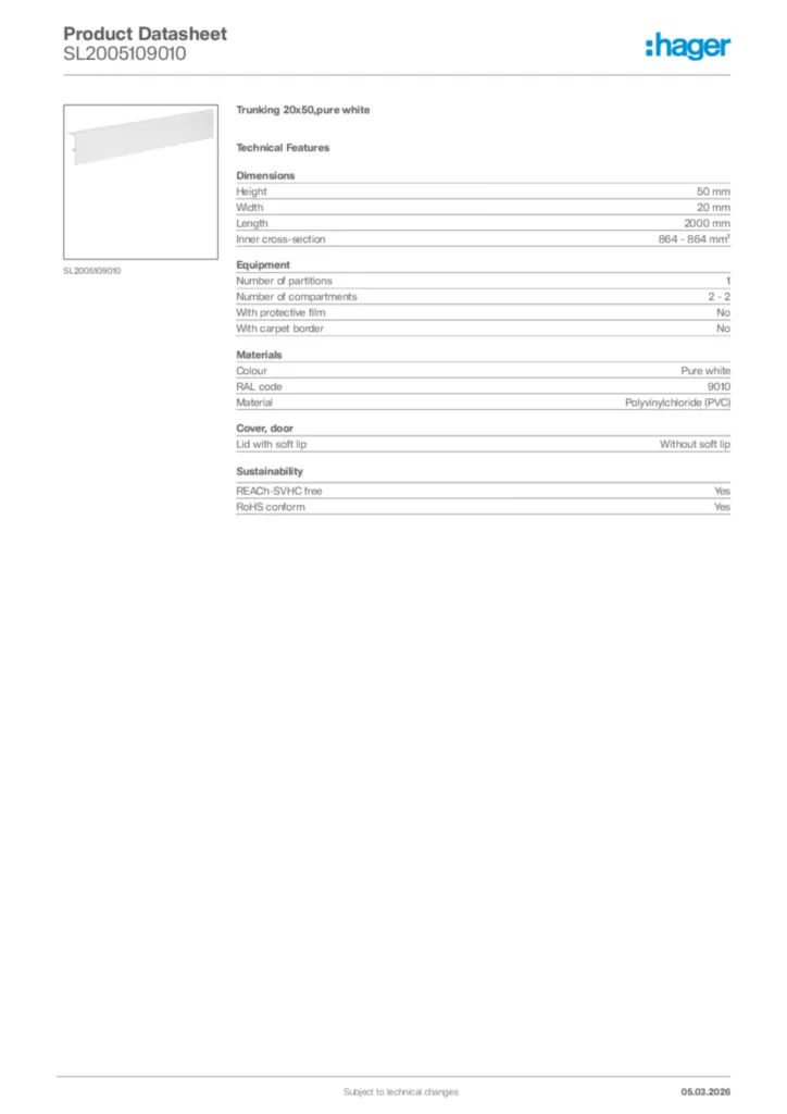 Image Hager Product data sheet SL2005109010  | Hager Africa