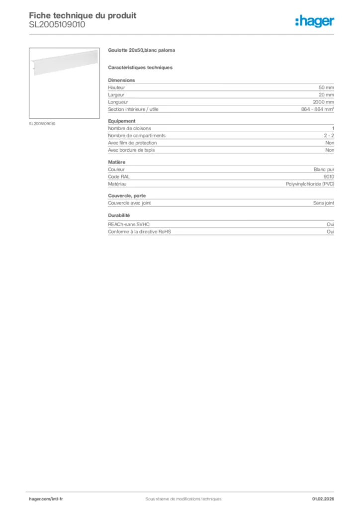 Image Hager Fiche technique du produit SL2005109010 | Hager Afrique