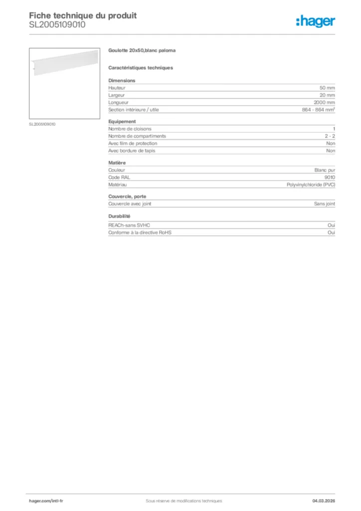 Image Hager Fiche technique du produit SL2005109010 | Hager Afrique