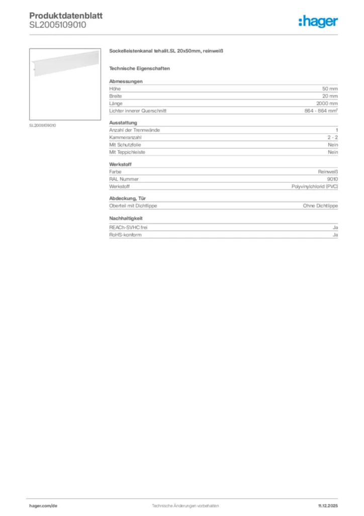 Bild Hager Produktdatenblatt SL2005109010 | Hager Deutschland