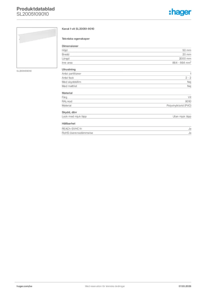 Bild Hager Produktdatablad SL2005109010 | Hager Sverige