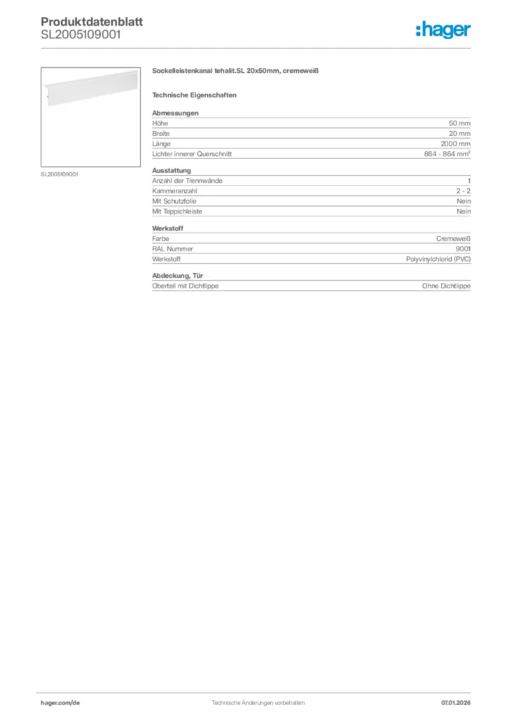 Bild Hager Produktdatenblatt SL2005109001 | Hager Deutschland