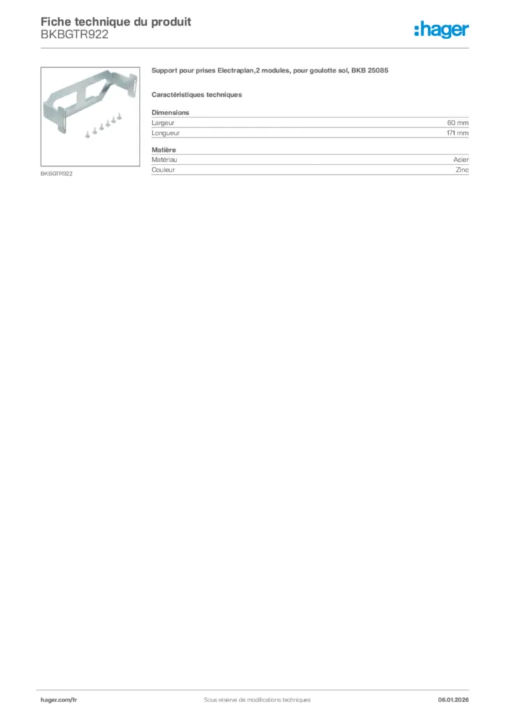 Image Hager Fiche technique du produit BKBGTR922 | Hager France