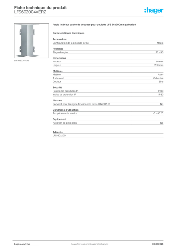 Image Hager Fiche technique du produit LFS602004VERZ | Hager Belgique