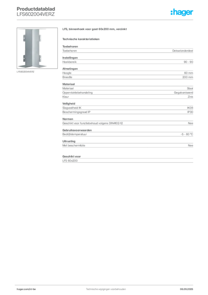 Afbeelding Hager Productdatablad LFS602004VERZ | Hager Belgium