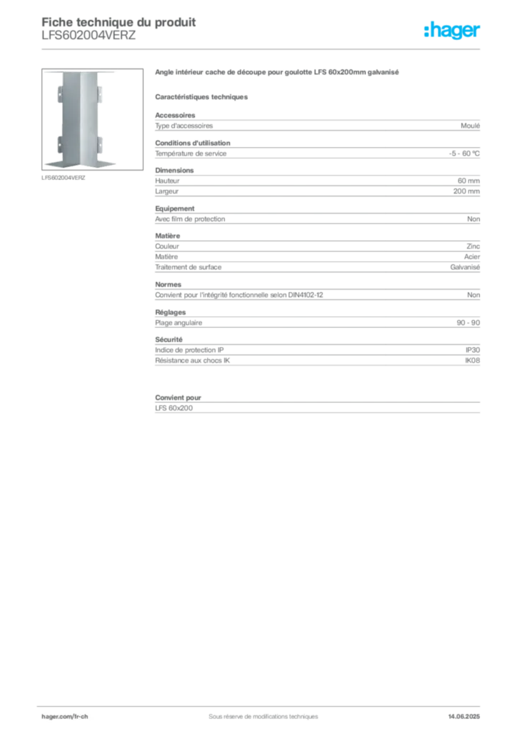 Image Hager Fiche technique du produit LFS602004VERZ | Hager Suisse