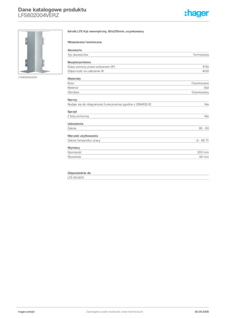 Zdjęcie Hager Dane katalogowe produktu LFS602004VERZ | Hager Polska