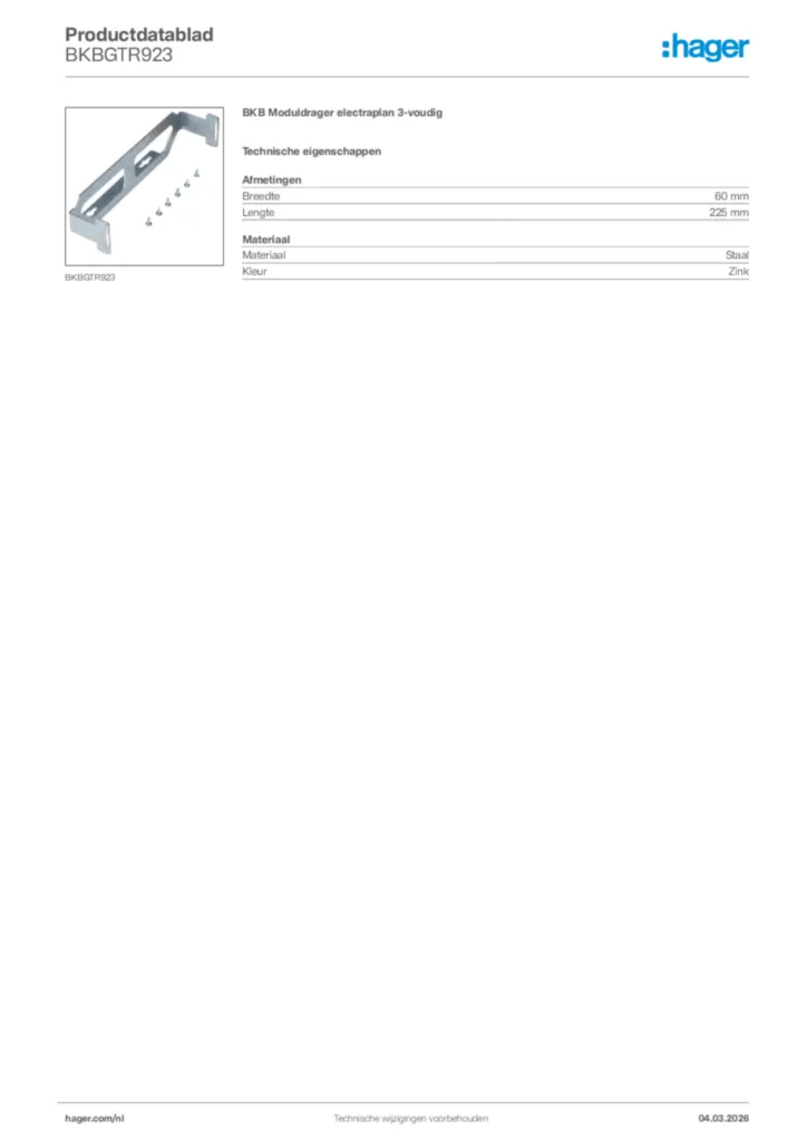 Afbeelding Hager Productdatablad BKBGTR923 | Hager Nederland