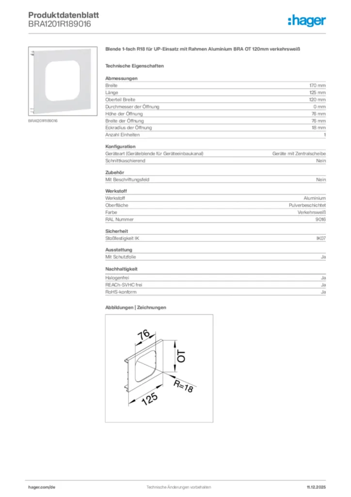 Hager Produktdatenblatt BRA1201R189016
