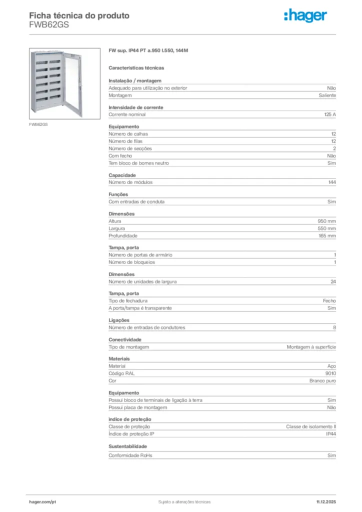 Imagem Hager Ficha técnica do produto FWB62GS | Hager Portugal