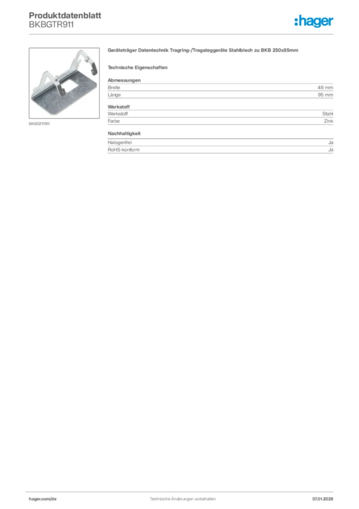 Bild Hager Produktdatenblatt BKBGTR911 | Hager Deutschland