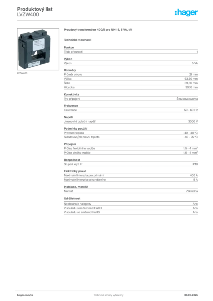 Obrázek Hager Produktový list LVZW400 | Hager