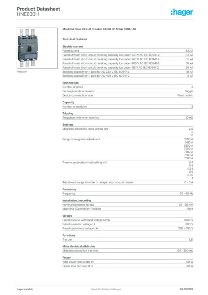 Image Hager Product data sheet HNE630H  | Hager