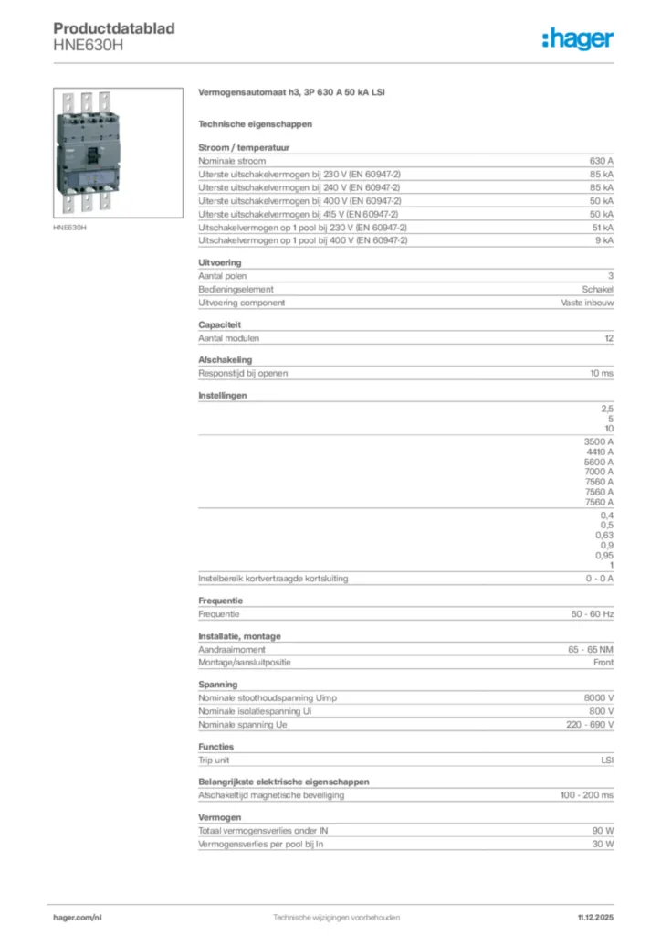 Afbeelding Hager Productdatablad HNE630H | Hager Nederland