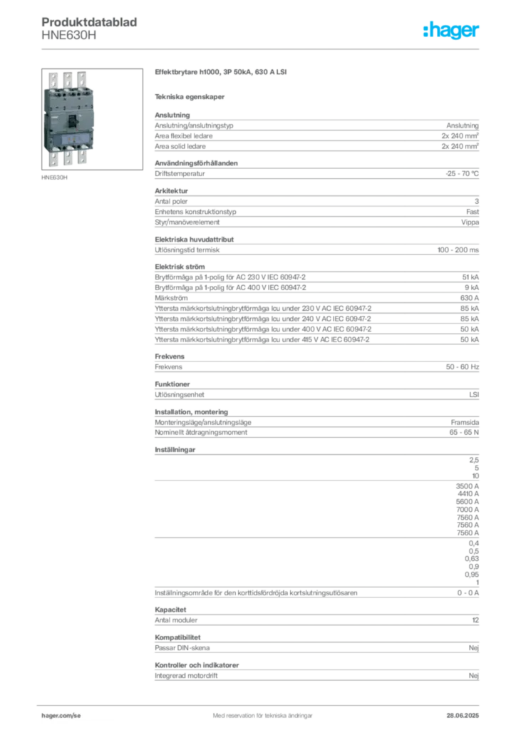 Bild Hager Produktdatablad HNE630H | Hager Sverige