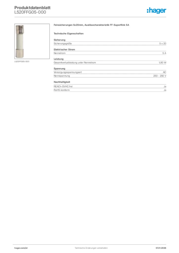 Bild Hager Produktdatenblatt L520FFG05-000 | Hager Deutschland