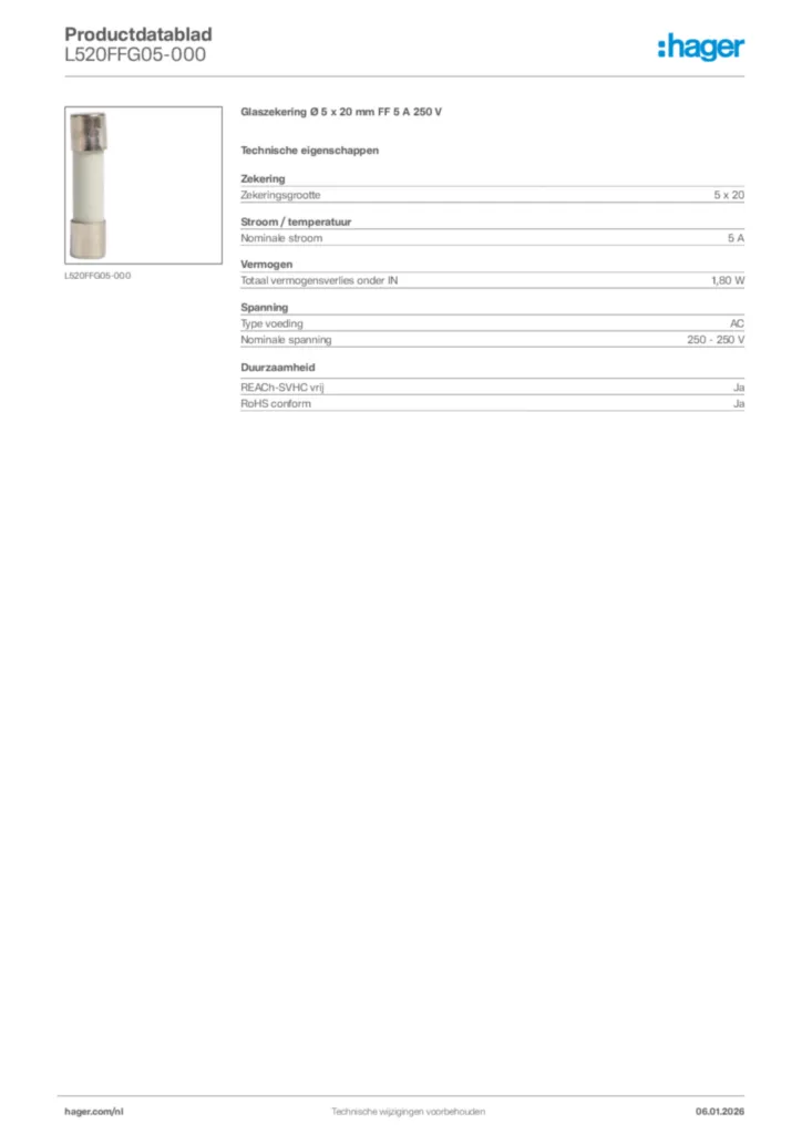 Afbeelding Hager Productdatablad L520FFG05-000 | Hager Nederland