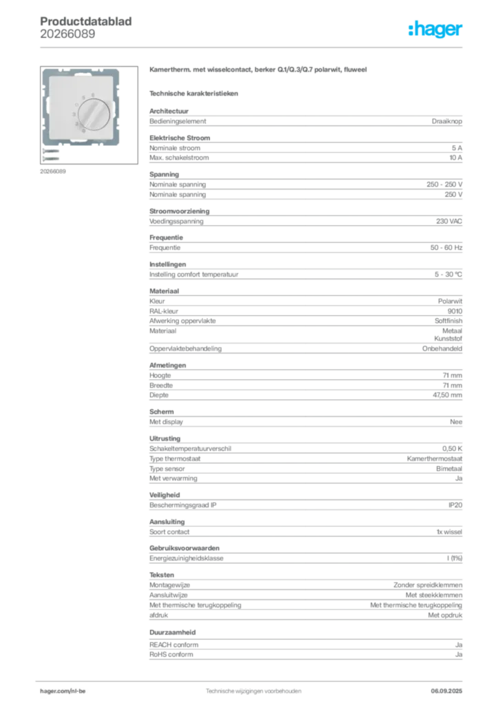 Afbeelding Hager Productdatablad 20266089 | Hager Belgium