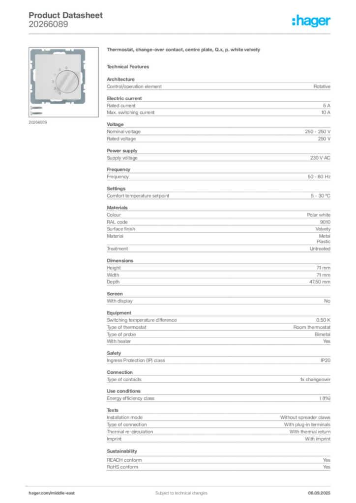 Image Hager Product data sheet 20266089  | Hager