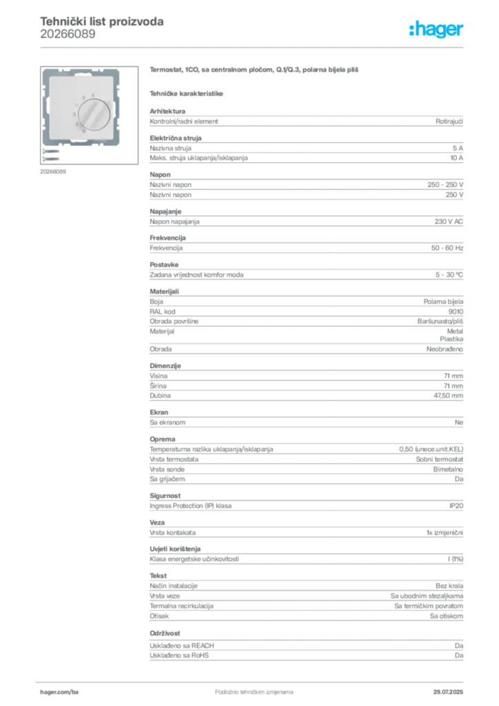Slika Hager Product data sheet 20266089  | Hager