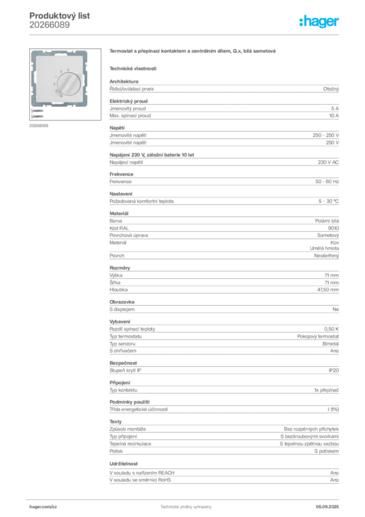 Obrázek Hager Produktový list 20266089 | Hager