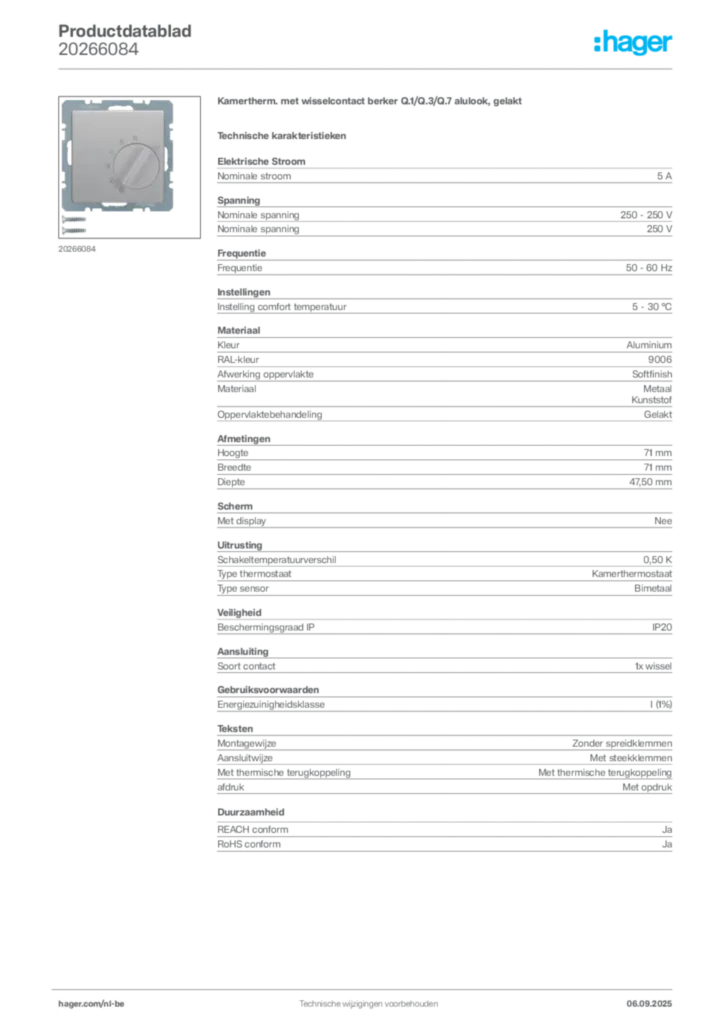 Afbeelding Hager Productdatablad 20266084 | Hager Belgium
