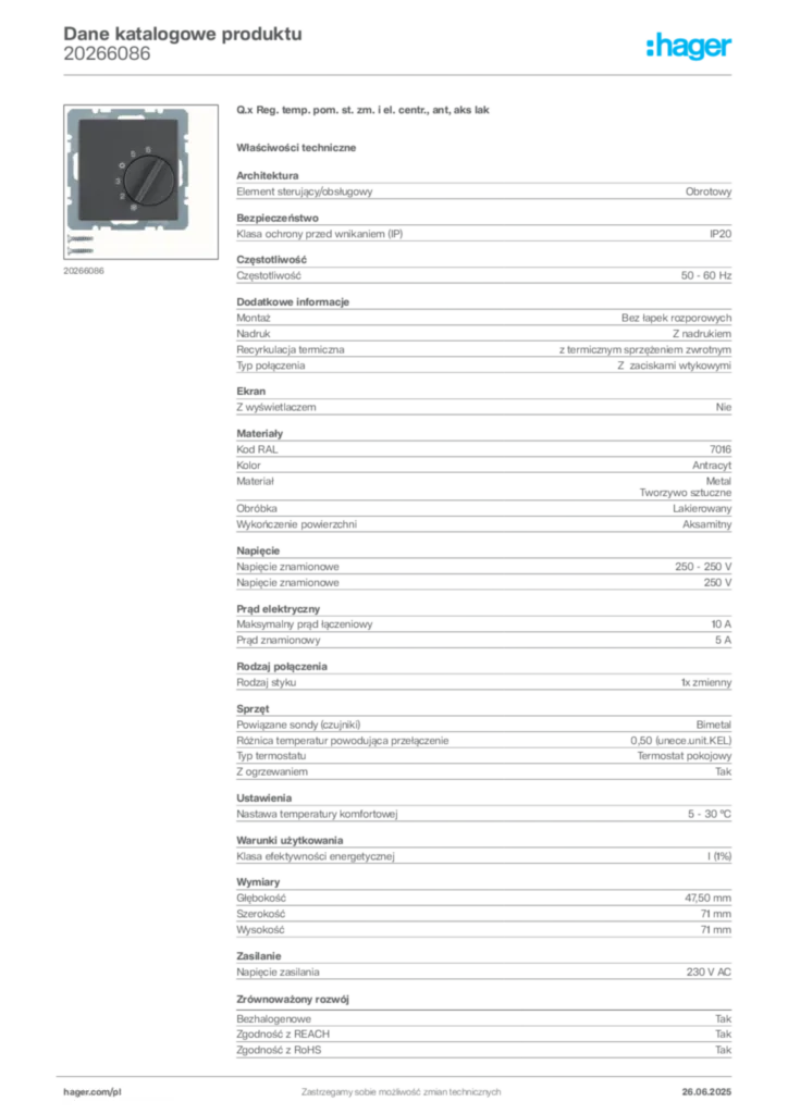 Zdjęcie Hager Dane katalogowe produktu 20266086 | Hager Polska