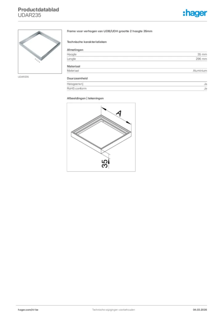 Afbeelding Hager Productdatablad UDAR235 | Hager Belgium