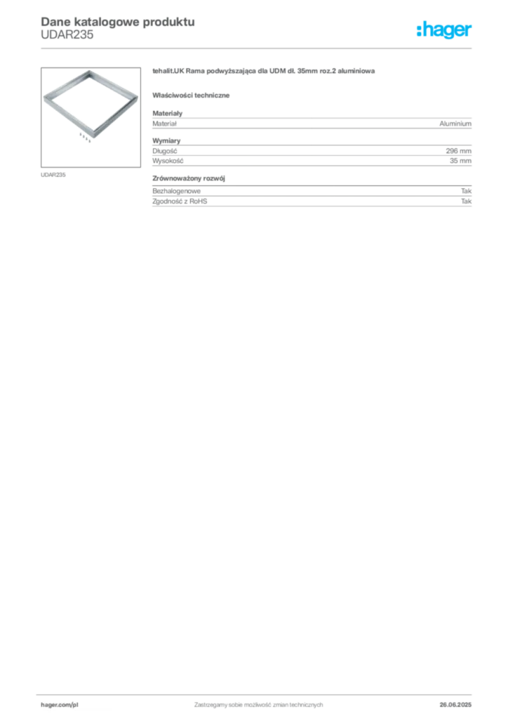 Zdjęcie Hager Dane katalogowe produktu UDAR235 | Hager Polska