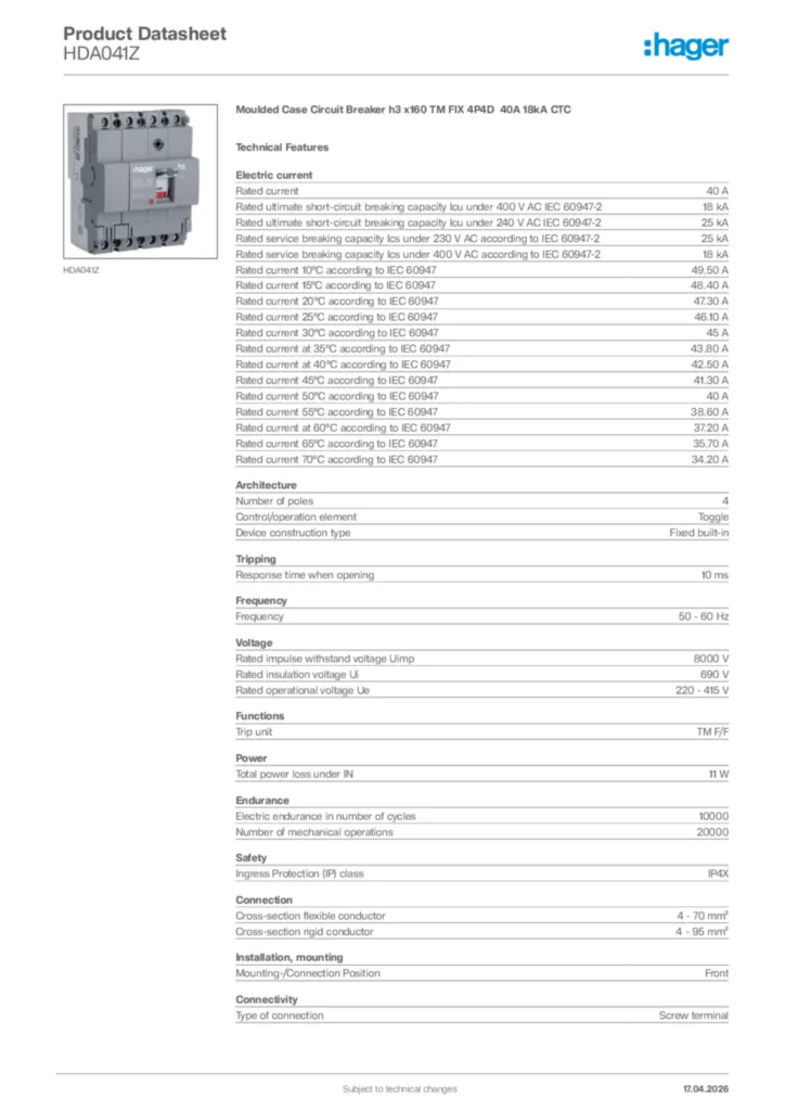 Image Hager Product data sheet HDA041Z  | Hager Africa