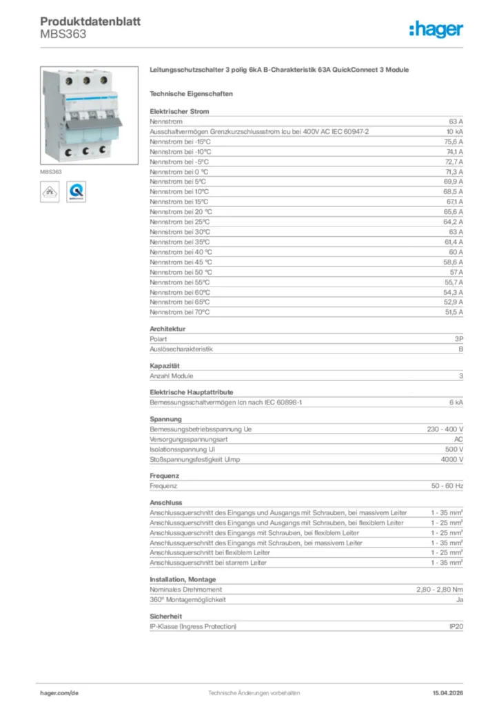 Bild Hager Produktdatenblatt MBS363 | Hager Deutschland